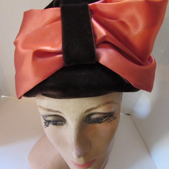 SALE Vintage Bucket Hat Brown Velvet Copper Satin Bow main image 5